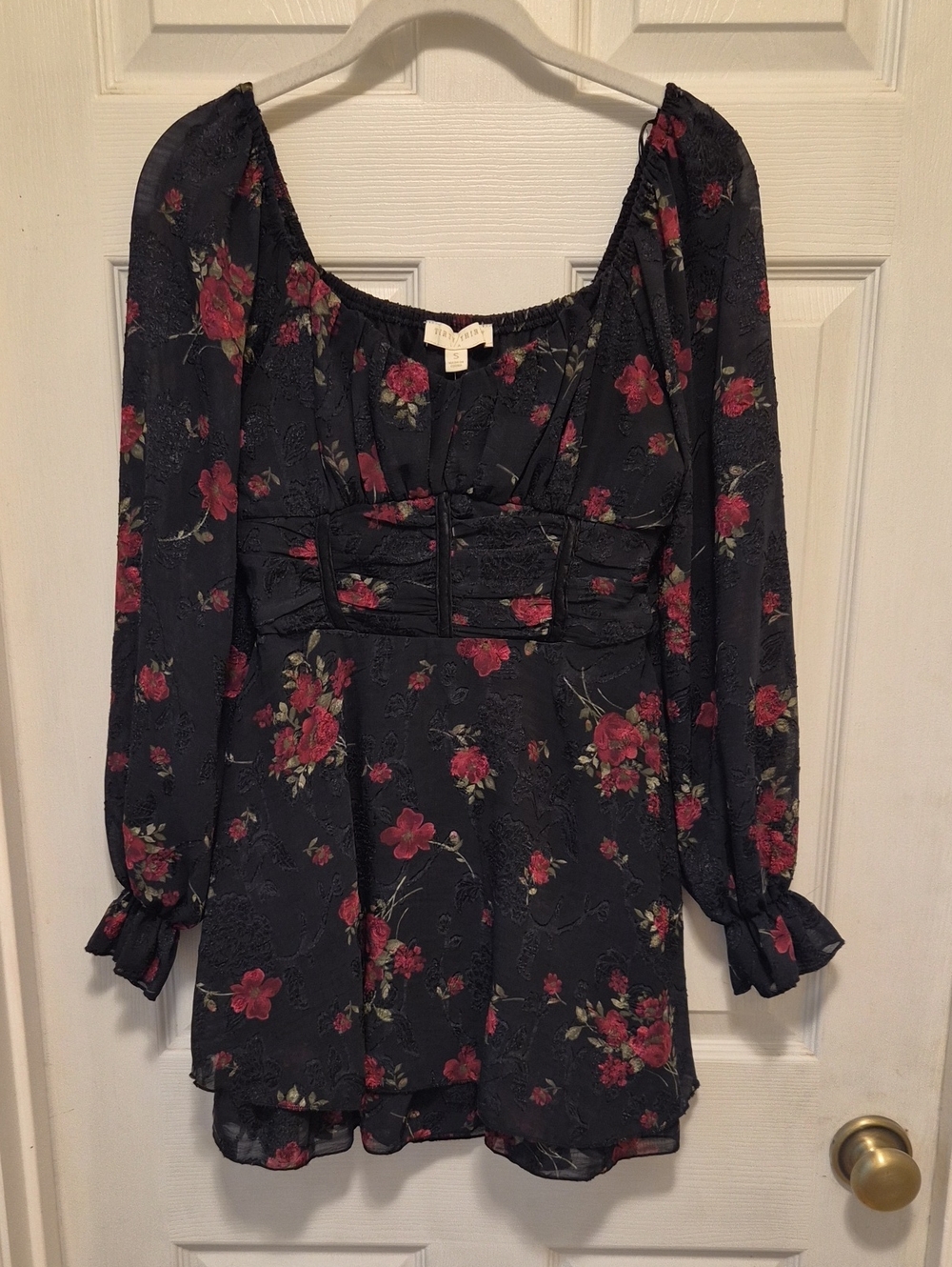 Thirty Thirty NWT Long-Sleeve Black Floral Empire-Waist Mini Dress